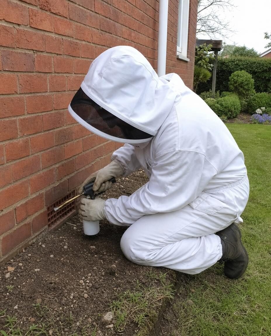 Licensed technician treating a wasp nest inside a low airbrick with a handheld duster applicator