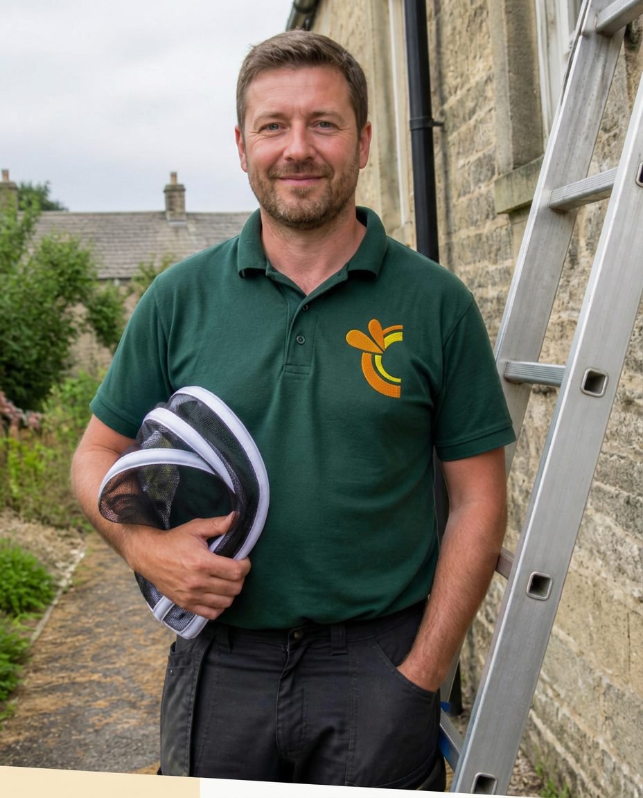Local wasp control technician with a ladder outside an Oxfordshire cottage