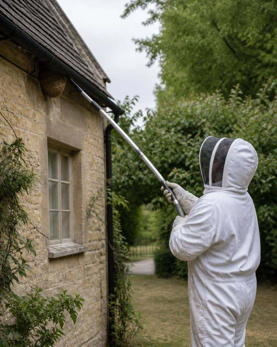Licensed technician treating a wasp nest inside a low airbrick with a handheld duster applicator