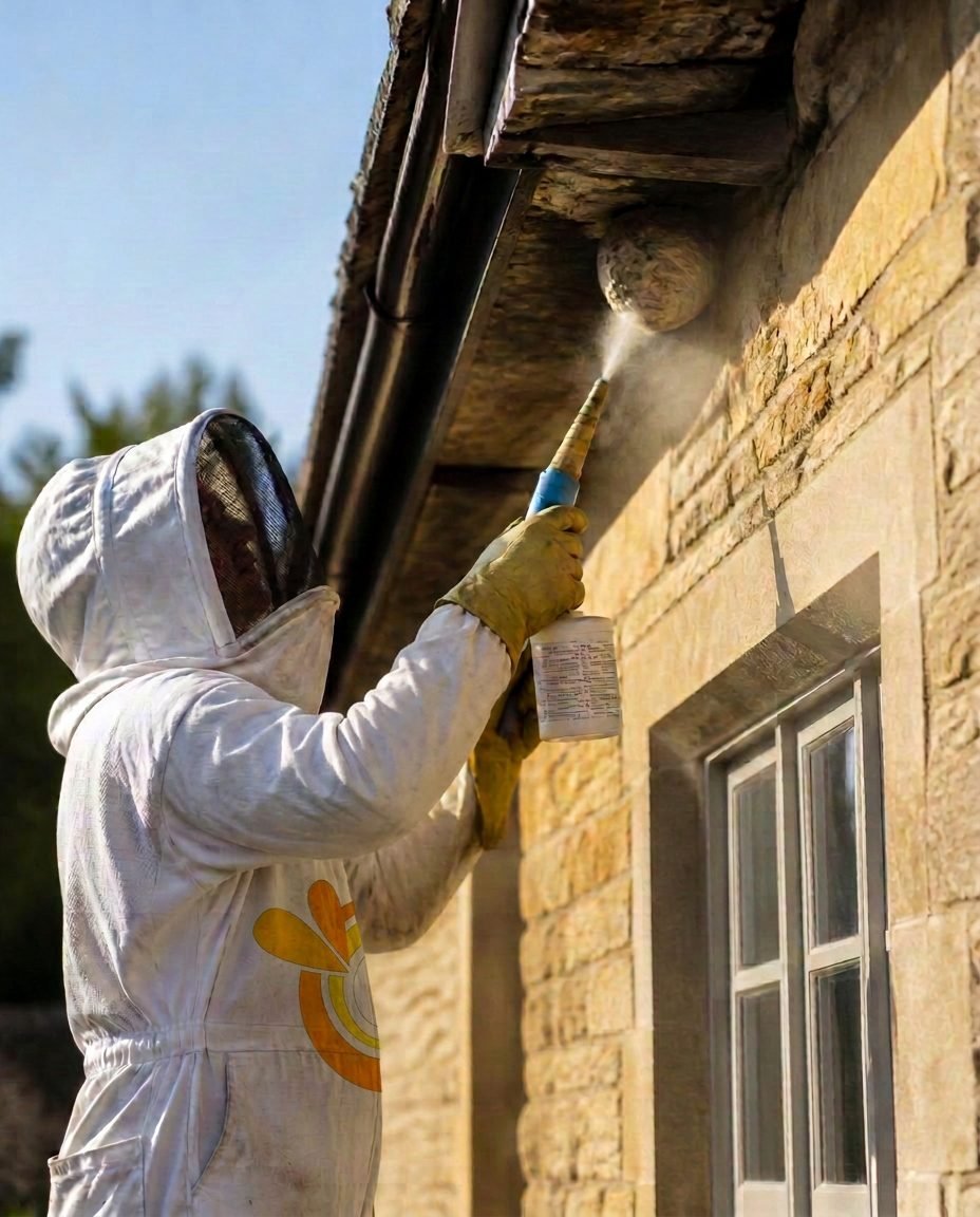 Licensed technician treating a wasp nest under the eaves of an Oxfordshire stone cottage